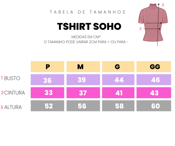 Tabela medida camiseta soho
